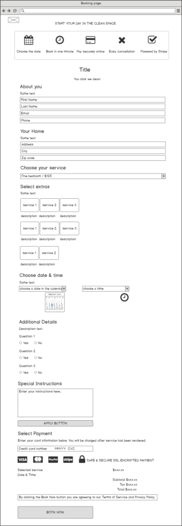 Cleanlux booking page wireframe